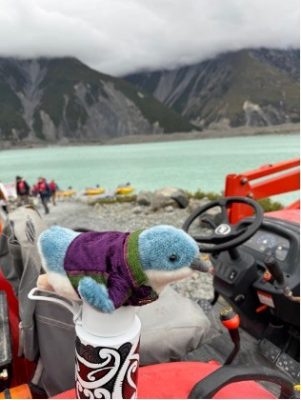 stuffed toy bird sitting on piece of machinery in front of body of water