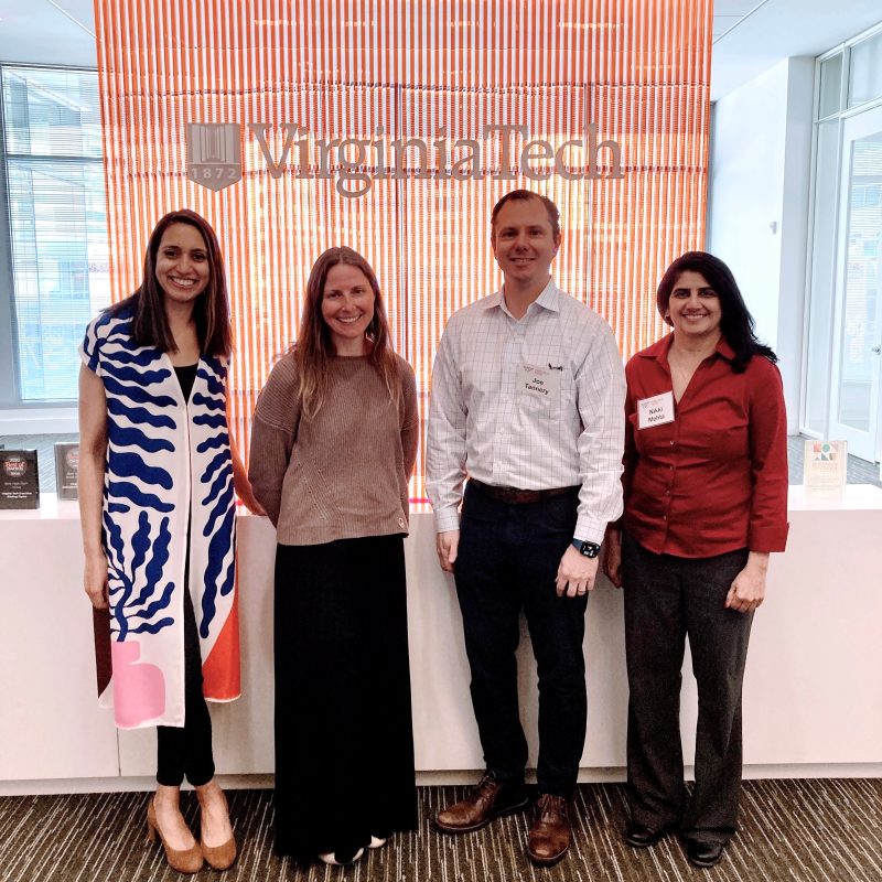 XMNR alums Meenu Hochwalt, Beth DeNoia-Feliciano, Joe Tannery, and Nikki Mehta visit the classroom to discuss their work at Eileen Fisher, Ceres, Dominion Energy, and Honeywell. Photo: Amy Hubbard