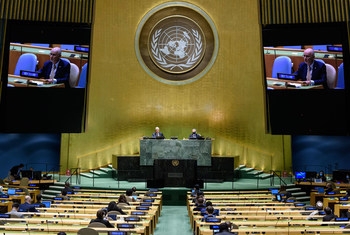United Nations General Assembly Hall during the opening session for the 75th General Assembly in September 2020; UN Photo/Loey Felipe