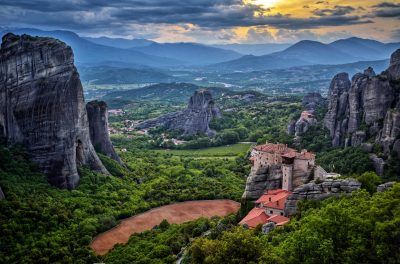 Meteora, a rock formation in central Greece, home to one of the largest and most precipitously built complexes of Eastern Orthodox monasteries, Greece; Photo by Michael Mortimer