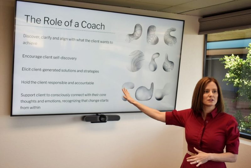Susan Apollonio explaining how coaching supports personal and professional development, and how coaching relationships are different from other types of professional support (teaching/mentoring).