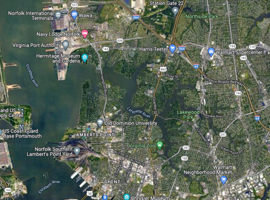 Lafayette River, surrounded by Norfolk, Virginia. Image from Google Earth.
