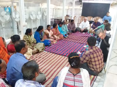 sourav guha (seated to the left of Prof. Bruce Hull) and CLiGS MNR students in conversation with Amar Khamar organic farmers on Sandeshkhali, a small island lying less than 30 km north of the Sundarban National Park and within 15 km of the Indian border with Bangladesh. (Photo credit: Kasey Fioramonti)